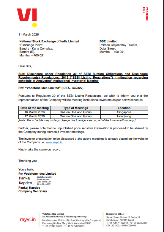 ChartWizMani's tweet image. Vodafone Idea ($IDEA) will be meeting institutional investors in:

• Mar 16, 2026 – Singapore
• Mar 17, 2026 – Hong Kong

Meetings include one-on-one and group interactions.

#vodafone #idea #vodafoneidea