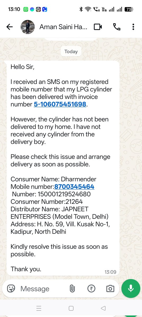 Kadipur07's tweet photo. @IoclDelhi @PetroleumMin the customer had booked a cylinder on 02/03/2026  from indane gas agency it has been shown delivered on 12/03/2026 but the customer has not got the cylinder kindly look into this matter https://t.co/pkkdHxzfe4