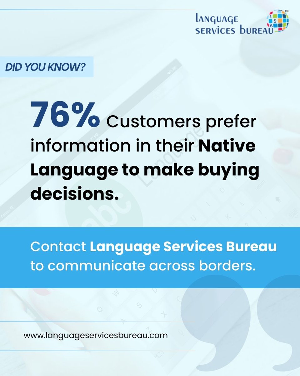 language_bureau's tweet photo. Customers are more likely to trust and buy from brands that communicate in their native language.
Effective translation and localization help businesses strengthen global customer engagement.
#Translation #MultilingualCommunication #GlobalMarketing #CrossBorderCommunication https://t.co/rES2XEh8Y3