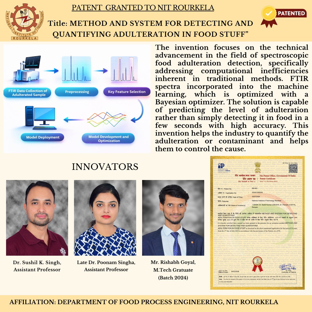 nitrourkela's tweet image. NIT Rourkela Secures Patent in Food Adulteration Detection Technology!

Congratulations 💐 to the researchers from the Department of Food Process Engineering at NIT Rourkela for securing a #patent titled “Method and System for Detecting and Quantifying Adulteration in Food