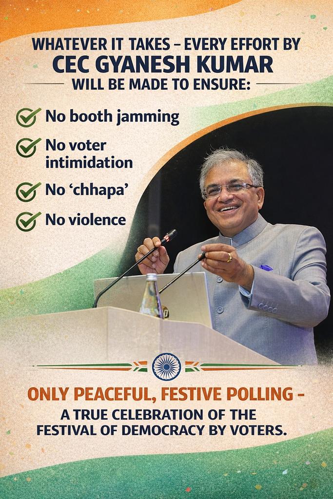 adebakhatun2's tweet photo. @derekobrienmp CEC Gyanesh Kumar stands firm for peaceful West Bengal elections against all odds — no booth jamming, no intimidation, no chhapa, no violence. Only the celebration of democracy by voters.
#ViolenceFreeElection #ISupportCEC https://t.co/c4rjHXeJny