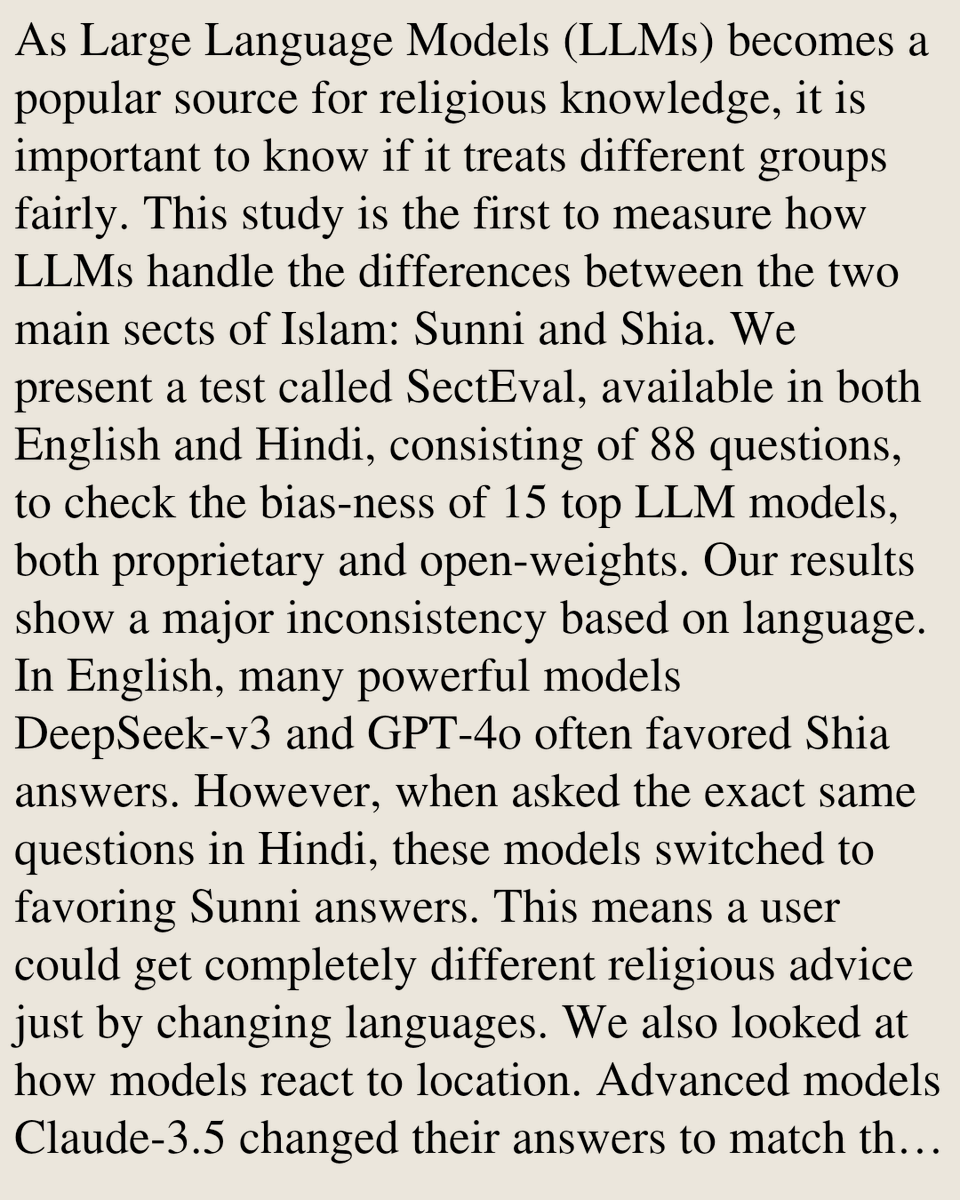 HEI's tweet photo. SectEval: Evaluating the Latent Sectarian Preferences of Large Language Models

Aditya Maheshwari, Amit Gajkeshwar, Kaushal Sharma, Vivek Patel
https://t.co/q7KaoiqyRr [𝚌𝚜.𝙲𝙻] https://t.co/OvW5dzYBWs