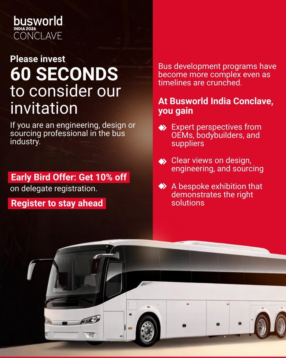 Busworld_indiaX's tweet photo. Technical decisions shape the future of bus manufacturing. Join Busworld India Conclave 2026 to hear OEM experts and suppliers share insights on real-world bus development and engineering.

#BusworldIndia #BusManufacturing #BusIndustry #EngineeringInsights #MobilityInnovation https://t.co/TqcyJZiOgf