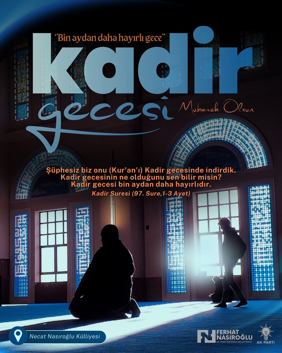 fnasiroglu's tweet photo. Bin aydan daha hayırlı olduğu müjdelenen Kadir Gecesi’nin rahmeti ve bereketi üzerimize olsun.

Kur’an-ı Kerim’in indirilmeye başlandığı bu mübarek gecenin; aziz milletimiz ve tüm İslam âlemi için hayırlara, huzura ve kardeşliğe vesile olmasını Yüce Allah’tan niyaz ediyorum.

Rabbim; yapılan ibadetleri, edilen duaları ve tutulan oruçları kabul eylesin.
Kadir Gecemiz mübarek olsun.