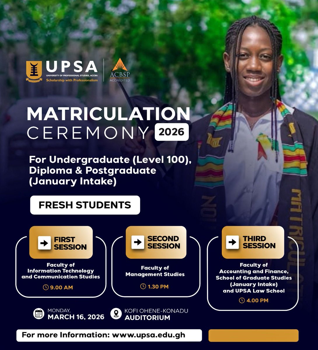 upsaccra's tweet photo. Join us today at 9:00 AM in Kofi Ohene-Konadu Auditorium to welcome our newest UPSA students! #UPSAMatriculation #WelcomeToUPSA #weloveupsa #upsa https://t.co/16WTVCR8U6