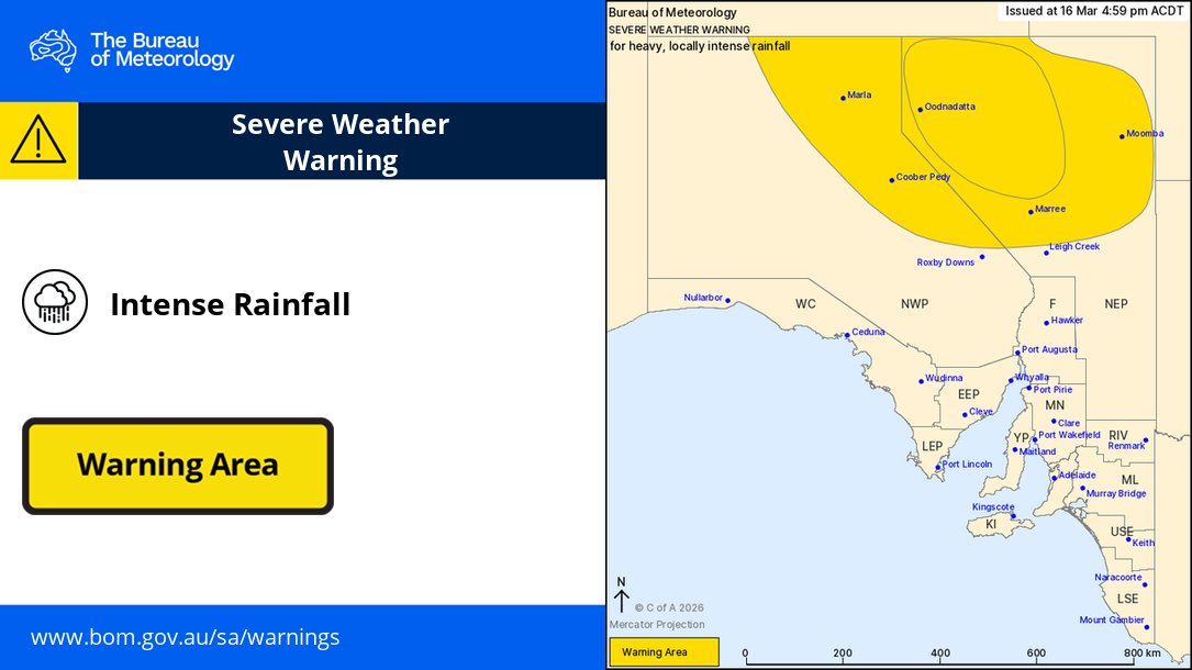 BOM_SA's tweet photo. ⚠️Severe Weather Warning for HEAVY, LOCALLY INTENSE RAINFALL
North East Pastoral and parts of North West Pastoral districts.

🌧️6-hrly falls of 50-80 mm are likely, possibly impacting #CooberPedy, #Oodnadatta, #Marree, #Moomba, flash #flooding is a risk

https://t.co/4hulBorjAO https://t.co/q6RJohLL6Q