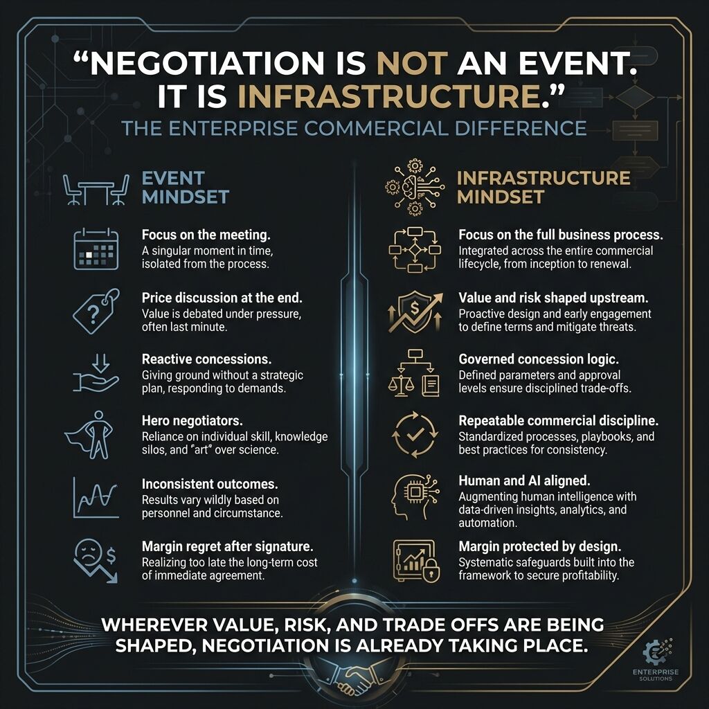 jcpotgieter's tweet image. Negotiation is not a meeting.

It is the commercial logic running through the business.

In an AI enabled environment, that logic either protects value or scales bad decisions faster.

Treat negotiation as infrastructure, not an event.
#Negotiation #AI #MarginProtection
