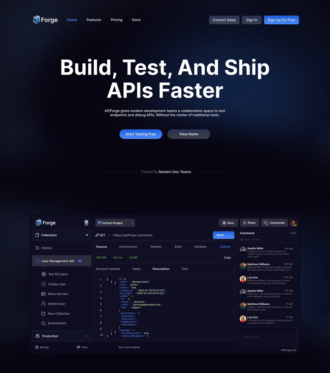 Just wrapped up this API SaaS landing page concept for APIForge ...