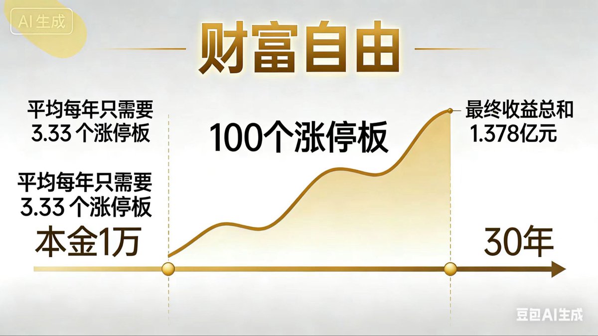 sats30000u's tweet photo. 给普通人一个通往财富自由的方法！

1.本金一万人民币

2.时间30年

3.在大a股市寻找100个涨停板的机会！

4.每年你需要3.33个涨停板！

5.目标一旦达成收益是1.378亿

理由是一万本金对任何年轻人来说都是非常低的门槛！
你不可能垃圾到1万块都拿不出来！

每年只需要耐着性子等待和寻找那3.33次机会

虽然很难，但是机会却非常大！

这里最难的是乱买，和急于缩短时间周期！

三十年的规划就是按照巴菲特的逻辑！

慢慢变富！

每次拿到十个点收益之后，绝对不贪心！

等待休息！不玩任何概念股！

只寻找高确定性股票的机会！

上面的方案还可以拆解！

我们不妨拿一万块来慢慢实验