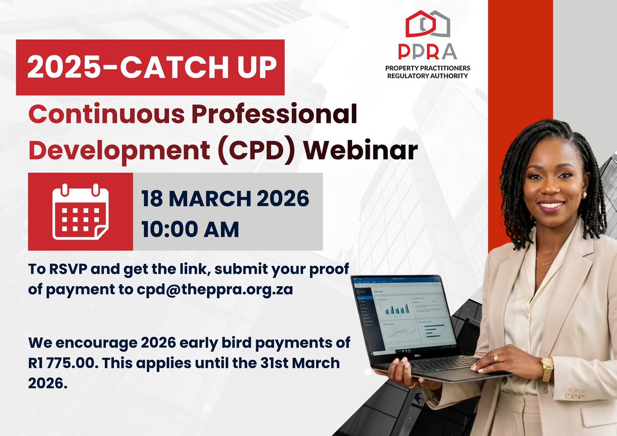 The_PPRA's tweet photo. CPD WEBINAR | 18 March 2026

The countdown has begun! ⏳

We are excited to share the official flyer for our upcoming PPRA CPD Webinar, featuring a panel of insightful guest speakers

#CPD #Education #Compliance  #property https://t.co/neiNQgoKsH