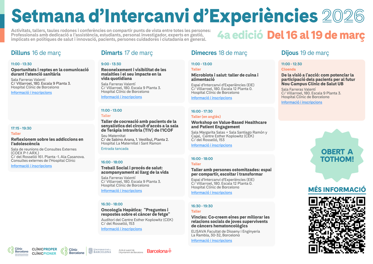 gestiosanitaria's tweet photo. 🔸Arriba la Setmana d'Intercanvi d'Experiències a @hospitalclinic amb activitats i tallers per compartir la visió de la salut per a ciutadania i professionals! 

Del 16 al 19 de març
Activitat oberta a tothom

➕ Programa inscripcions
👉 https://t.co/xfaA1o0non https://t.co/knDRp2kwZv