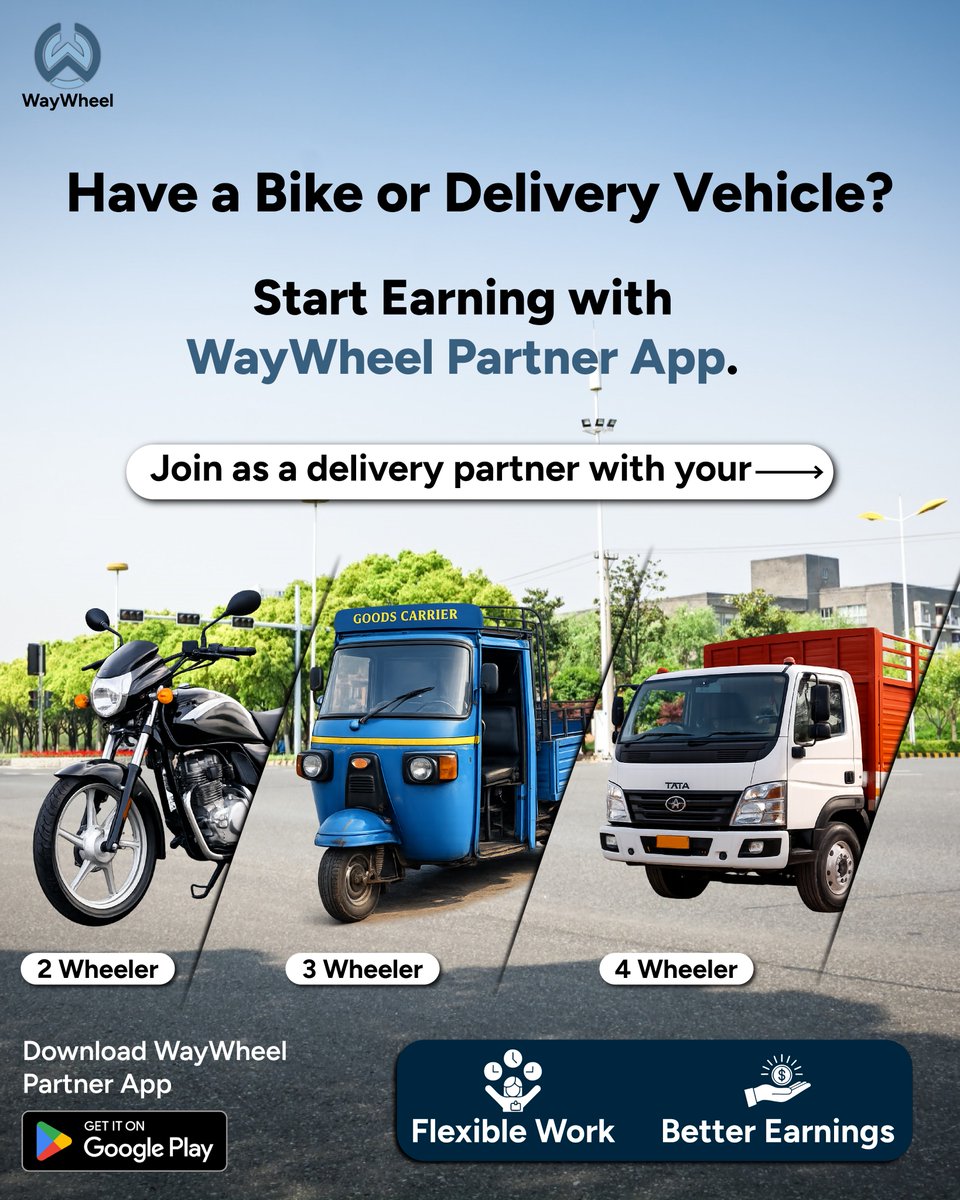 WayWheel_in's tweet photo. 2W | 3W | Mini Trucks
Start earning with WayWheel
Join WayWheel Partner App aur delivery partner ban kar apni bike ya vehicle se earning shuru karo.

Download the app and start earning today.

#waywheel #deliverypartner #driverapp #earnwithwaywheel #driveropportunity https://t.co/QwyqKg0aLd