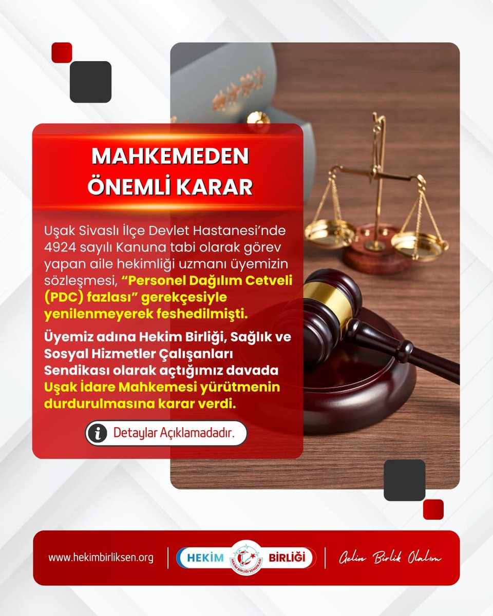 📢MAHKEMEDEN ÖNEMLİ KARAR: HEKİM HAKLARI KAZANDI!

Uşak Sivaslı İlçe Devlet Hastanesi’nde 4924 sayılı Kanuna tabi olarak görev yapan Aile Hekimliği Uzmanı üyemizin sözleşmesi, “Personel Dağılım Cetveli (PDC) fazlası” gerekçesiyle yenilenmeyerek feshedilmişti.

Hekim Birliği