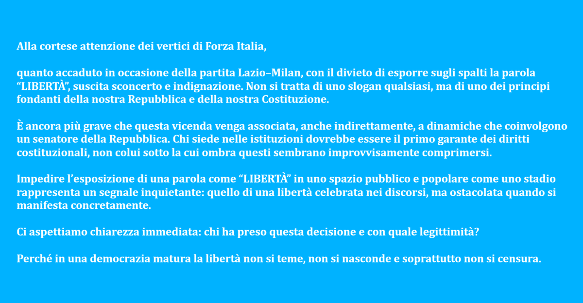 FraviliFabio's tweet photo. Quanto accaduto ieri allo Stadio Olimpico va ben oltre la contestazione. Un Senatore della Repubblica ha leso i principi fondamentali della Costituzione italiana. Il suo partito ha il dovere di renderne conto pubblicamente! @forza_italia @Antonio_Tajani @gasparripdl @giorgiomule https://t.co/V0GdRj8nGo