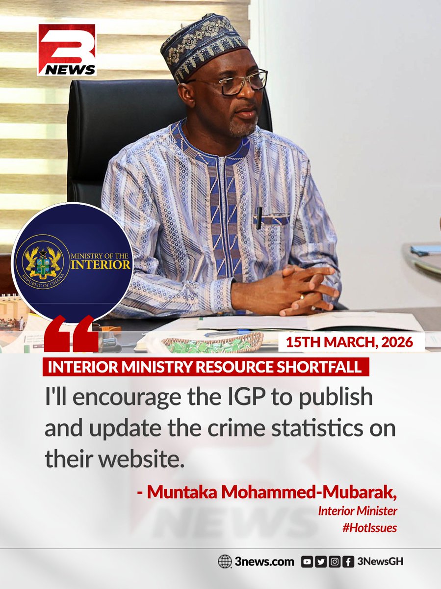 Interior Minister Muntaka Mohammed-Mubarak has called on the Inspector-General of Police to publish and regularly update crime statistics on the police website, a move aimed at enhancing transparency and public access to verified safety data.

#HotIssues #TV3GH