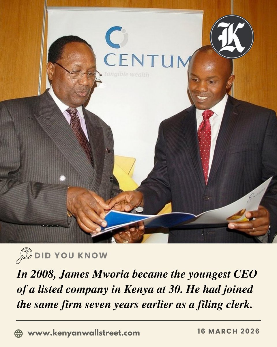 kenyanwalstreet's tweet photo. 𝐉𝐚𝐦𝐞𝐬 𝐌��𝐨𝐫𝐢𝐚 𝟐𝟓 𝐘𝐞𝐚𝐫𝐬 𝐚𝐭 𝐂𝐞𝐧𝐭𝐮𝐦: 𝐀𝐥𝐥 𝐀𝐜𝐪𝐮𝐢𝐬𝐢𝐭𝐢𝐨𝐧𝐬 𝐚𝐧𝐝 𝐄𝐱𝐢𝐭𝐬

2001
➠ Mworia joins Centum as a 23-year-old intern in an entry-level filing role. He holds a law degree, is a CPA, and is midway through his CFA exams.

2005
➠ Within four years of joining, Mworia rises to the position of Head of Investments.

2006 (Late)
➠ Frustrated by the pace of the "conservative institution," Mworia quits Centum to join TransCentury as Head of Investments.

2008 (Early)
➠ Centum's board approaches Mworia about returning. He agrees only on the condition that he is made CEO, presenting a strategic plan to multiply the company's value.

2008 (December)
➠ At age 30, Mworia is appointed CEO & Managing Director, becoming the youngest CEO of a listed company in Kenya. Inherited asset base: approx. KES 6 Bn.
2008
➠ BUY: Acquires 31.25% minority stake in Longhorn Publishers.

2011
➠ BUY: Acquires 106 acres along Limuru Road, Nairobi, anchoring the future Two Rivers development.
➠ BUY: Acquires 300 acres in Entebbe, Uganda, for the Pearl Marina development.

2012
➠ BUY: Acquires 15% stake in NAS Servair (airport catering).
➠ BUY: Acquires stakes in private equity funds Helios Fund II and CAPE III.
➠ SELL: Exits 10% stake in Rift Valley Railways to Qalaa Holdings.

2013
➠ BUY: Acquires 37.5% stake in Akiira Geothermal.
➠ BUY: Acquires 35.6% stake in Platcorp Holdings (microfinance).
➠ CAPITAL RAISE: KES 4.2 Bn private placement bond (largest in Kenyan history at the time).

2014
➠ BUY: Acquires majority stake in K-Rep Bank (later Sidian Bank), raising holding from 7.54% to 67.54%.
➠ SELL: Fully exits Helios Fund II and CAPE III.

2014–2016
➠ BUY: Consolidates three Coca-Cola franchise bottlers into Almasi Beverages, acquiring a 53.9% controlling stake. 
➠ BUY: Also acquires 27.6% of Nairobi Bottlers. Combined cost approx. KES 3.4–3.5 Bn.

2015
➠ BUY: Acquires 10,254 acres in Kilifi County (Vipingo Development) for approx. KES 2 Bn.
➠ BUY: Establishes Greenblade Growers (herbs export).
➠ BUY: Acquires 40% of ACE Holdings (education).
➠ BUY: Acquires 100% of King Beverage (Carlsberg/Tuborg distributor).
➠ SELL: Sells 13.75% stake in UAP Holdings to Old Mutual for approx. KES 5.2 Bn (original cost ~KES 245 Mn; IRR 39.9%).
➠ CAPITAL RAISE: KES 6.0 Bn listed bond.

2016
➠ BUY: Forms Amu Power (51% stake) to develop a 981.5MW coal plant in Lamu. Investment approx. KES 2.1 Bn.
➠ BUY: Participates in Longhorn Publishers rights issue, raising stake to 60.2%.
➠ SELL: Exits 22% stake in AON Insurance Brokers (Minet) for approx. KES 1 Bn (entry cost ~KES 200 Mn).

FY2017
➠ SELL: Sells portion of Platcorp Holdings stake (partial). Proceeds KES 813.4 Mn.
➠ SELL: Sells 26.4% stake in Kenya Wine Agencies Limited (KWAL) , generating a gain of approx. KES 1.1 Bn (original cost 1977: KES 12.2 Mn).

FY2018
➠ SELL: Fully exits remaining Platcorp Holdings stake.
➠ SELL: Sells 73.35% controlling stake in GenAfrica Asset Managers to Kuramo Capital for approx. KES 2.3–2.4 Bn (IRR 24.4%).

2019
➠ SELL: Exits Almasi Beverages (53.9%) and Nairobi Bottlers (27.6%) to Coca-Cola Beverages Africa for a combined KES 19.5 Bn (entry cost ~KES 3.4 Bn; IRRs 27.15% and 38.97%). This remains Centum's largest exit.
➠ SELL: Sells King Beverage at a loss, crystallising an audited loss of KES 468.8 Mn (sale proceeds KES 147.5 Mn vs. carrying value KES 616.3 Mn).

FY2020
➠ WRITE-OFF: Fully impairs the Amu Power investment, taking a charge of KES 2,097,549,000 after the coal project loses its licence, financing, and technical partner.

2021 (Q3)
➠ BUY: Repositions Centum Business Solutions as Jafari Credit, a microfinance lender focusing on check-off loans to civil servants.

2023 (January)
➠ The agreement to sell Sidian Bank (83.43% stake) to Nigeria's Access Bank for KES 4.3 Bn officially lapses and collapses after parties fail to meet conditions.

2023 (October)
➠ SELL: Pivots to a local sale, selling 38.91% of Sidian Bank directly to three buyers for KES 3.2 Bn. Centum's stake falls to 44.52%, and Sidian is deconsolidated.

2024 (July)
➠ BUY: Acquires additional stakes in Akiira Geothermal, raising holding from 37.5% to 85% for a total consideration of KES 232.8 Mn. Cumulative investment now approx. KES 2.2 Bn; equity value remains nil.

2024 (September)
➠ SELL: Sells 50% of Bakki Holdco (which holds the residual Sidian economic interest) to Kenbe Investments for KES 1.032 Bn.

2026 (12 March)
➠ SELL: Completes the full exit from Sidian Bank by selling its remaining 50% stake in Bakki Holdco. The buyer is undisclosed. Total cash recovered across both exit phases (2023–2026) is estimated at KES 4.2–5.0 Bn, against an estimated total entry cost of approx. KES 4.7 Bn, representing a recovery of capital rather than a significant gain.

𝗣𝗼𝗿𝘁𝗳𝗼𝗹𝗶𝗼 𝗮𝘀 𝗮𝘁 𝟯𝟭 𝗠𝗮𝗿𝗰𝗵 𝟮𝟬𝟮𝟱:
➠ Total Carrying Value: KES 50.577 Bn (vs. ~KES 6 Bn inherited in 2008)
Top Holdings by Value:
➠ Centum Real Estate (Land & Dev Cos): KES 35.774 Bn (~70.8% of portfolio)
➠ Isuzu East Africa (17.8%): KES 5.621 Bn
➠ Two Rivers Land Co. SEZ Ltd (80.5%): KES 10.503 Bn
➠ NAS Servair (15%): KES 1.065 Bn
➠ Jafari Credit (100%): KES 1.433 Bn
➠ Nabo Capital (100%): KES 470 Mn
➠ Longhorn Publishers (60.2%): KES 495 Mn (market price)
➠ Greenblade Growers (100%): KES 302 Mn