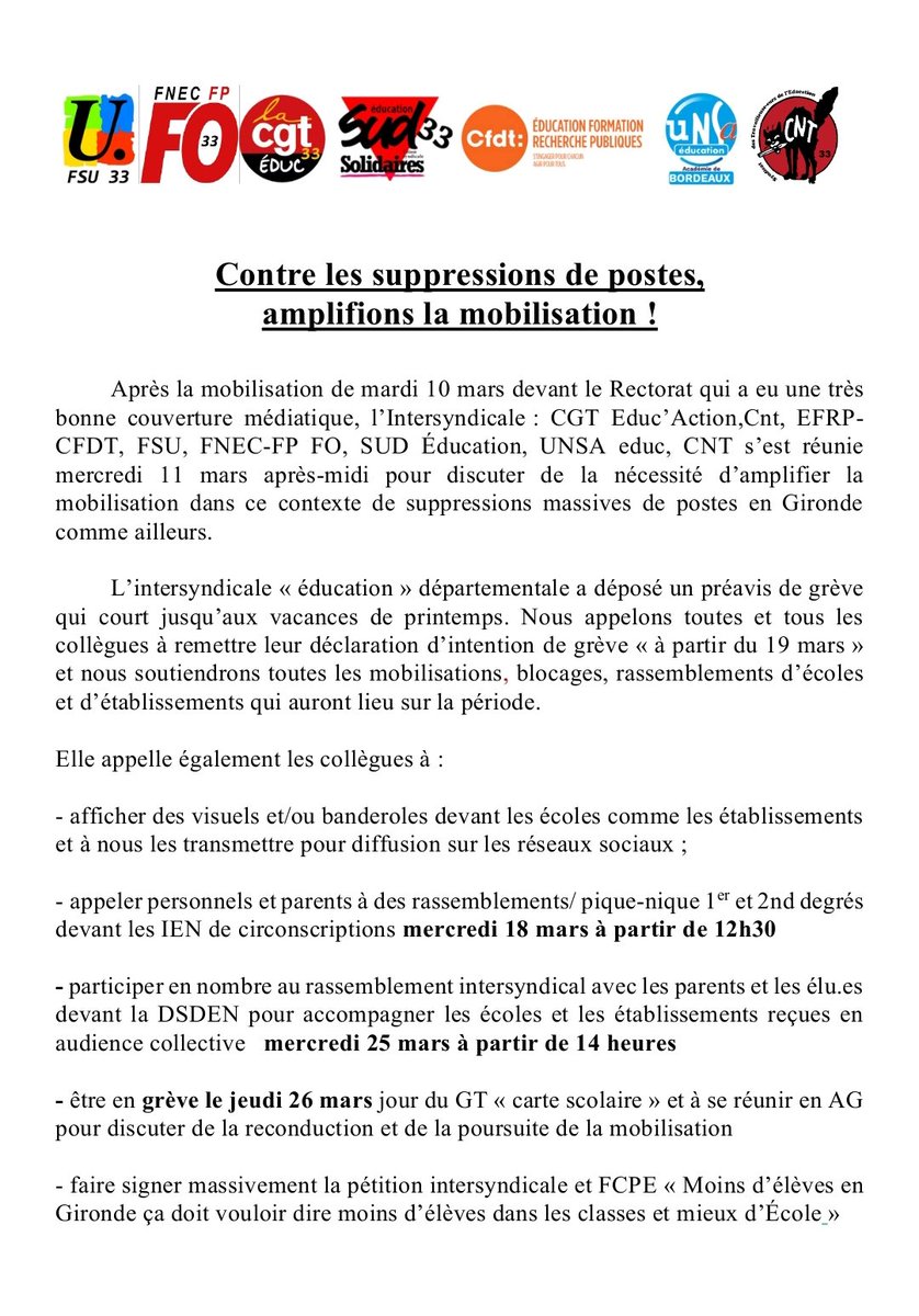 Au lendemain des municipales, ce sont des milliers et des milliers de fermetures de classes qui vont être annoncées un peu partout en France. C'est cette semaine que l'intersyndicale de Gironde a choisie pour lancer un mouvement de grève: à partir du 26 mars. À faire connaître 👇