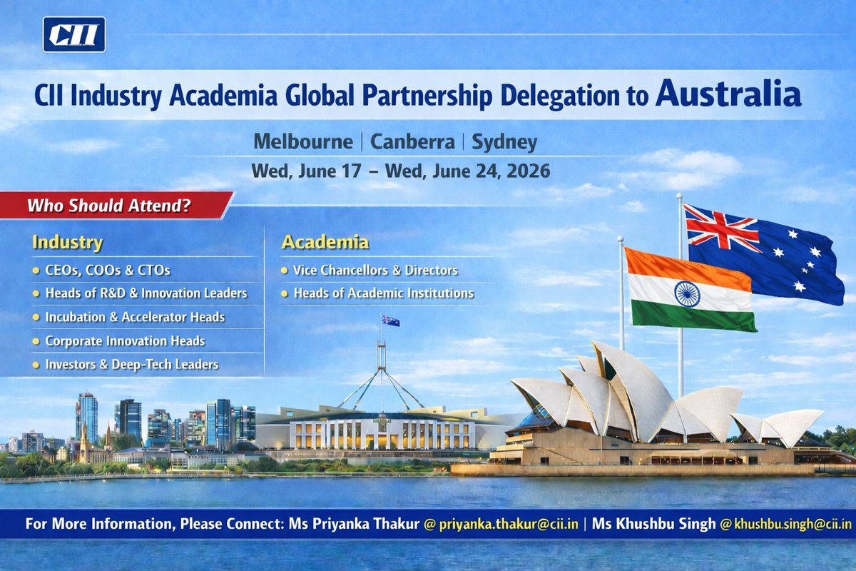 CII4IA's tweet photo. 🌏CII Industry–Academia Global Partnership Delegation to Australia
17–24 June 2026 | Melbourne | Canberra | Sydney

CII invites leaders from industry, academia, and research institutions to join this delegation.
🔗 Learn more: https://t.co/59FKsNeyb6 https://t.co/ugXv40Crmb