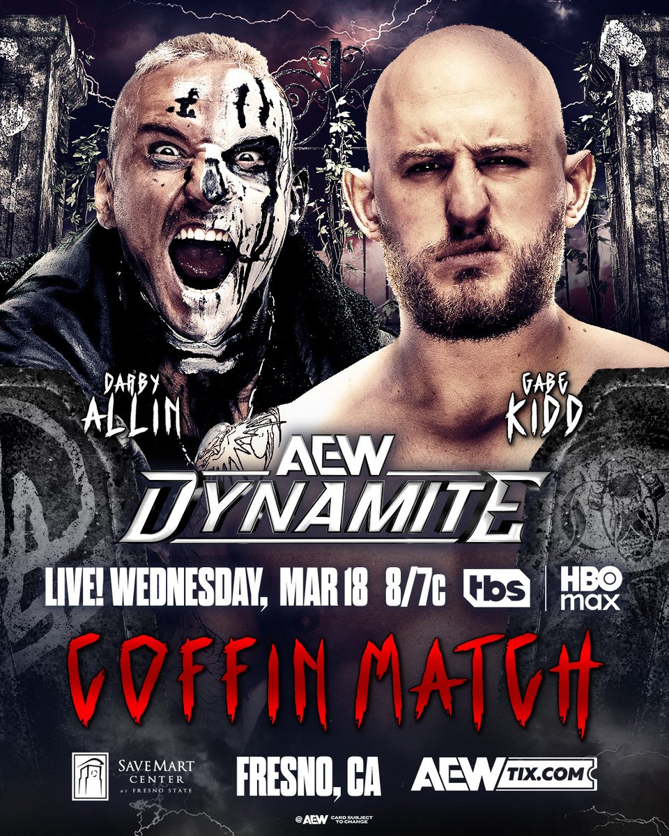 AEW's tweet photo. This Wednesday, 3/18!

Feel the #AEWRevolution fallout LIVE from Fresno, CA!

The action KICKS OFF at 8/7c on @TBSNetwork + @SportsOnMAX, THIS WEDNESDAY! https://t.co/sWNz3Pqbm2
