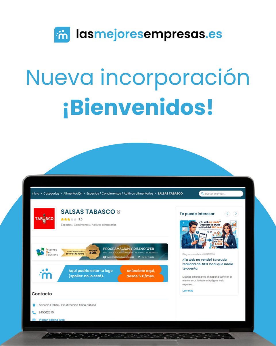 Info_LME's tweet photo. ✨¡Salsas Tabasco, bienvenidos a Lasmejoresempresas! ✨

Visita tu espacio:
 👇
 🔗 https://t.co/M3NStkyF2J
 
 ✅ Accede a tu panel privado y pon en tu web el Sello de Empresa Verificada.
 
#EmpresasDestacadas #DirectorioEmpresas #VisibilidadOnline #SEO https://t.co/ptG1R04BHm