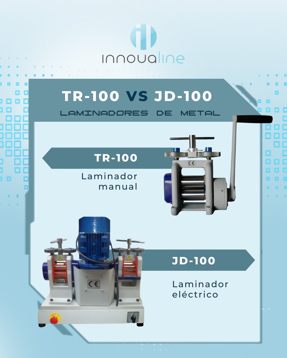 Innovaline's tweet photo. ⚙️ Precisión manual o ⚡ potencia eléctrica.

🔹 TR-100
Laminador manual control artesanal.
🔹 JD-100
Laminador eléctrico de sobremesa. Perfecto para mayor productividad.

📩 comunicacion@innovaline.es | 🌐 https://t.co/NuSDGpQ3AK

#Innovaline #Joyeria #HerramientasDeJoyero https://t.co/nak7sTkIDb