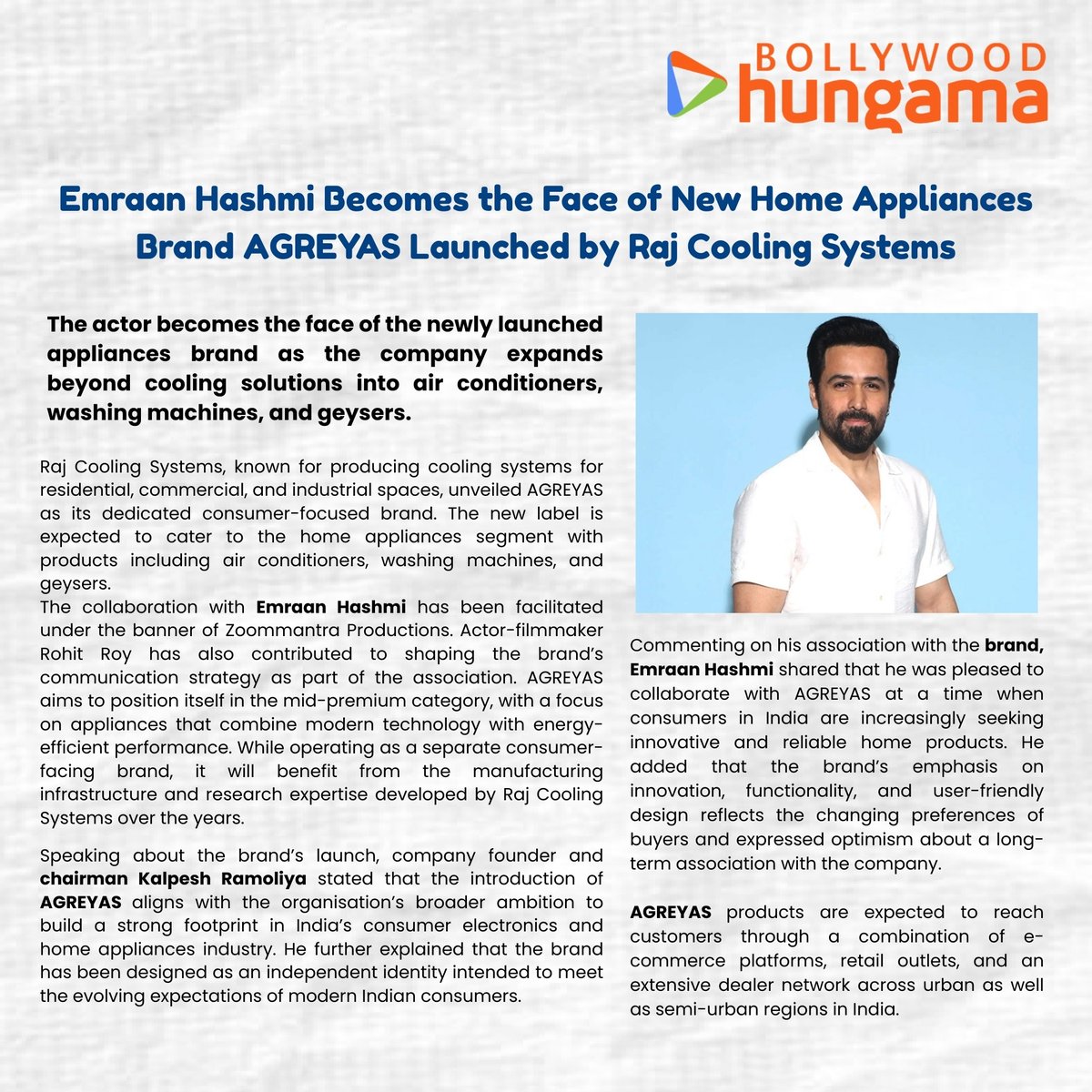 raj_cooling_'s tweet photo. Proud Moment for Raj Cooling Systems✨

Bollywood star Emraan Hashmi joins as the Brand Ambassador for our new consumer appliances brand AGREYAS.

A big step as we expand into ACs, washing machines, geysers &amp; more...

#AGREYAS #EmraanHashmi #HomeAppliances #BrandAmbassador https://t.co/VNqichW9B4
