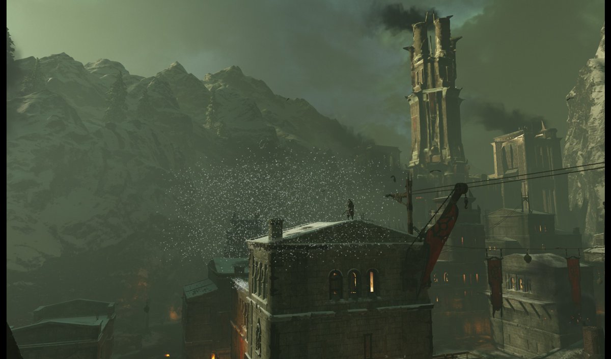 #ShadowOfWar　雪降るセレゴストが美しい。写真とろうと引きで見たら、俺周り５ｍだけだった。なるほど仕様。　この視界の悪さの中で戦うのがまたいいんだよな！