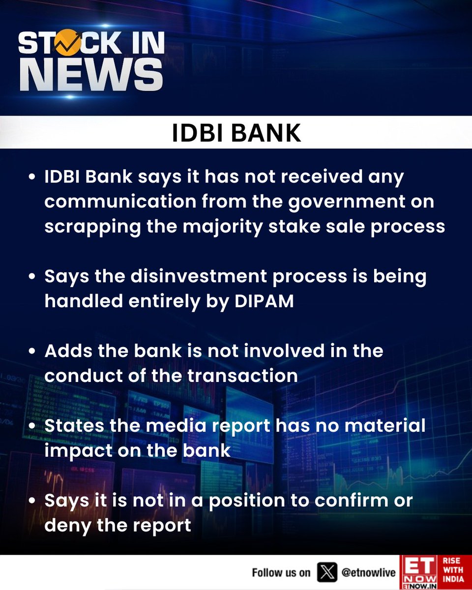 ETNOWlive's tweet image. #StockInNews | IDBI Bank says it has received no communication from the government on scrapping the majority stake sale process and that the disinvestment is being handled by DIPAM

#IDBIBank #Disinvestment #BankingNews #DIPAM #IndiaMarkets