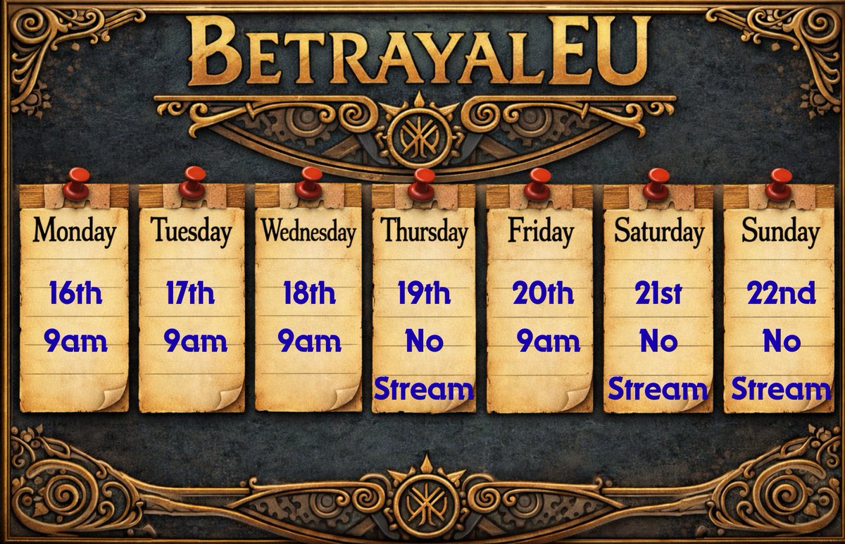 Here is the plan for streams this week. Posting late as per usual. Anyway we be live in 5 over on Twitch.

twitch.tv/betrayaleu