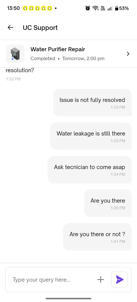 goyalmayankk's tweet photo. @UC_Assist @mksaraff @UC_Assist Issue is not resolved yet, water leakage is still there, and your customer support is worst, agent is online but he is not replying. https://t.co/u3bkXltoVn