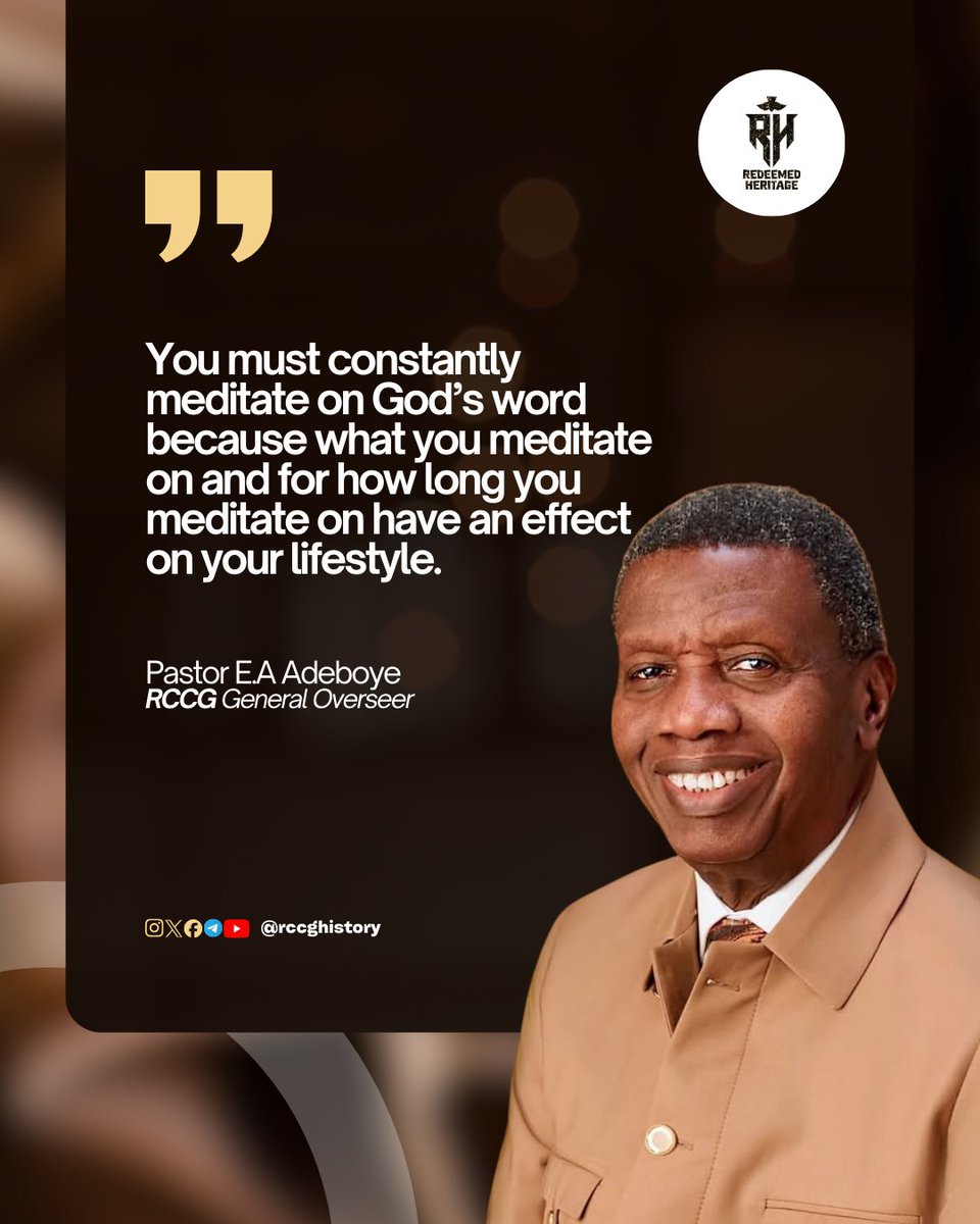 RCCGHistory's tweet photo. "Let the word of Christ dwell in you richly…” — Colossians 3:16

Meditating on God’s Word should not be occasional, it must be constant.
Your thoughts influence your actions, and your actions shape your destiny. https://t.co/G2UdOj1Bs8