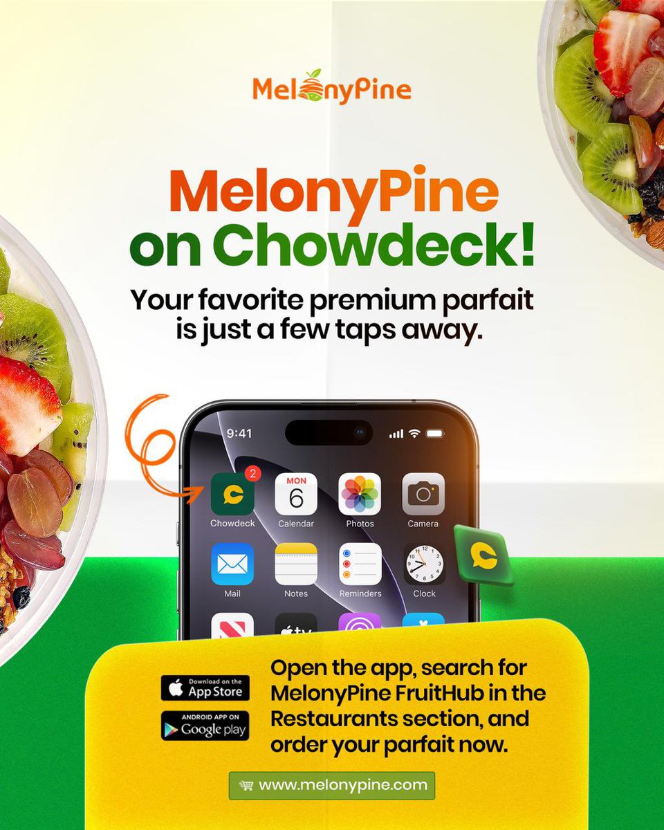 MelonyPine is on Chowdeck. Yes, the same premium parfait you love is now just a few taps away.

No long process, no stress. Just open the app, search for MelonyPine FruitHub in the Restaurants section, and your favorite parfait will be on its way to you.

So if the craving hits,
