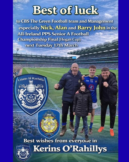 korgaa's tweet photo. ☘️ Lá Fhéile Pádraig Sona Daoibh! ☘️

Happy St. Patrick's Day from everyone at Kerins O'Rahillys! 🔵⚪️

A massive day ahead as @thegreencbs go for glory in the Hogan Cup Final. Very best of luck to our own Nick, Alan &amp; Barry John! Bring it home! 🏆

#StrandRoad #TheNarries #GAA https://t.co/2dmcM4MSpr