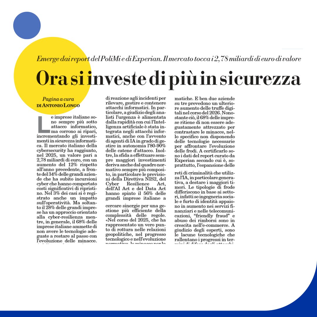 infocamere's tweet photo. #cybersecurity Il mercato tocca i 2,78 miliardi di euro di valore.
📰"Ora si investe di più in sicurezza" su @ItaliaOggi
📊Emerge dai report del @polimi e di @Experian
#AI #DataAct @Osserv_Digital @itastartupvisa @cybersecitalia @CyberChallengIT @InnovateEurope @ED_RMInnov https://t.co/L0KTx199ho