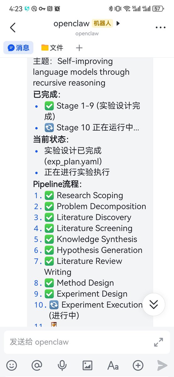 zhouql1978's tweet photo. It is actually so cool to do research by ur phone with autoresearchclaw. Only one sentence to install it on openclaw and give it the idea, and it runs by itself and report to u the progress. Finally the summary generated and send ur the result. Thanks to the team from aiming-lab! https://t.co/1Qv6APoH9P