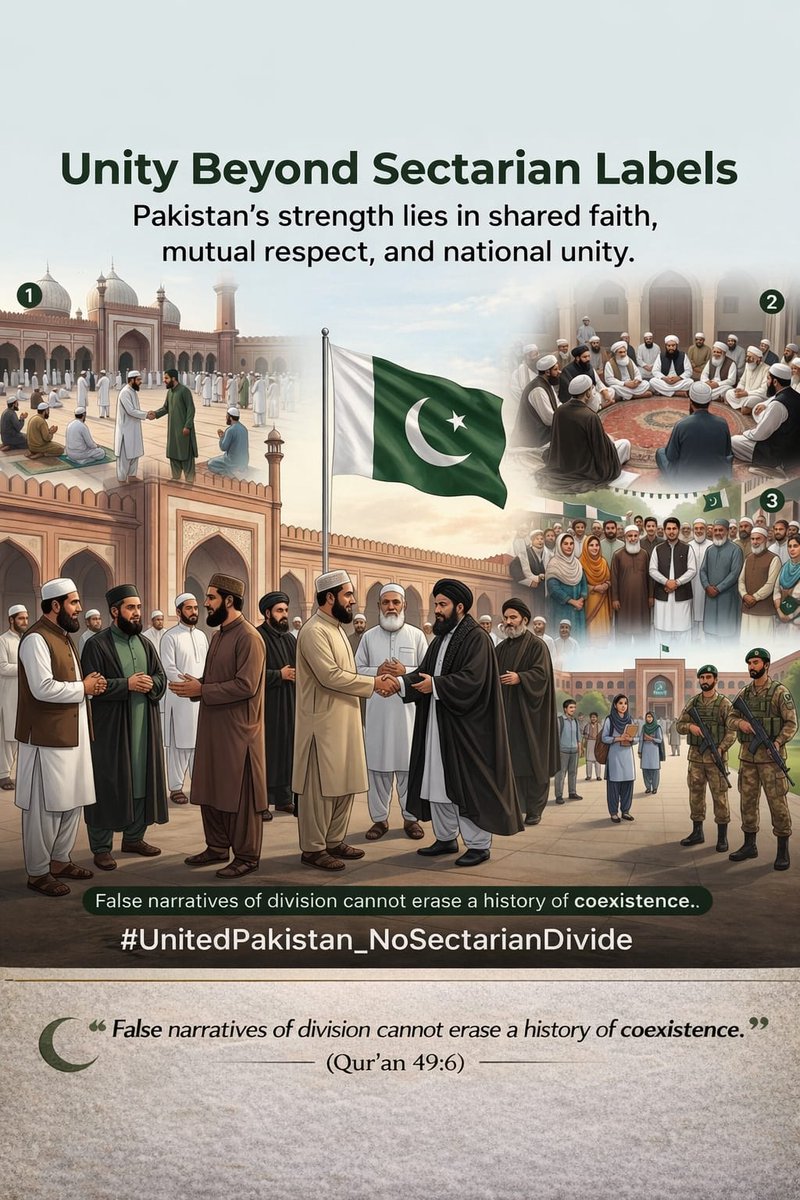 پاکستان کی قومی پہچان مسلکی شناختوں سے کہیں آگے ہے۔ مساجد، جامعات، دفاتر اور افواج میں مختلف مکاتبِ فکر کے پاکستانی ایک جھنڈے تلے یکجا ہیں۔
📌 پاکستان میں سنی-شیعہ خلیج نہیں، اتحاد پروان چڑھ رہا ہے۔
#ایک_پاکستان_ایک_قوم