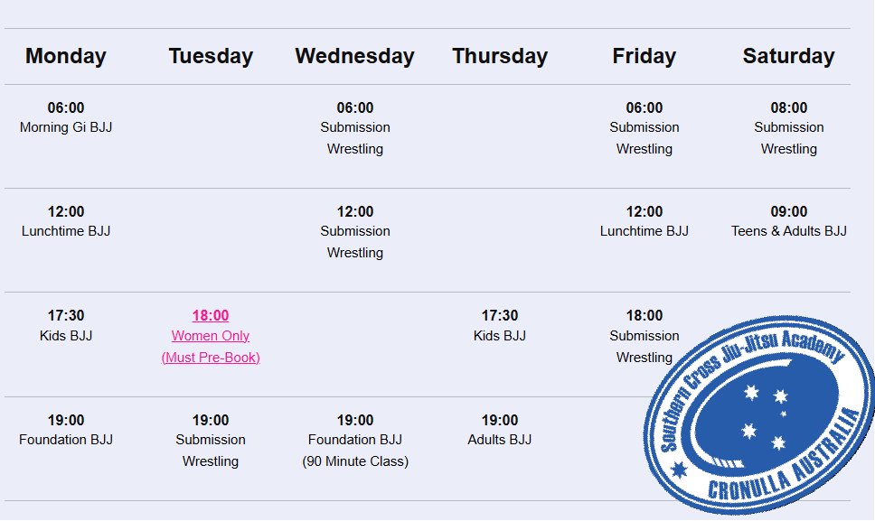 UPDATED Timetable!

Classes 6 Days a Week
3 Time Zones
NO EXCUSES.
If you want to train, you can find a class!
#bjj #bjjaus #bjjaustralia #bjjsydney #bjjnsw #cronulla #sutherlandshire #mma #mixedmartialarts #judo #grappling #jiujitsu #brazilianjiujitsu #nswbjj #caringbah