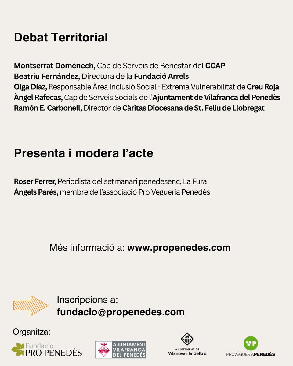 ProPenedes's tweet photo. https://t.co/SDQ0JJqbG6 Dilluns, 23 de març portem a terme una jornada monogràfica amb objectiu de posar en comú la realitat del sensellarisme al Penedès, identificar les necessitats existents i debatre les respostes necessàries per afrontar aquesta situació. https://t.co/8G3YjF9bid
