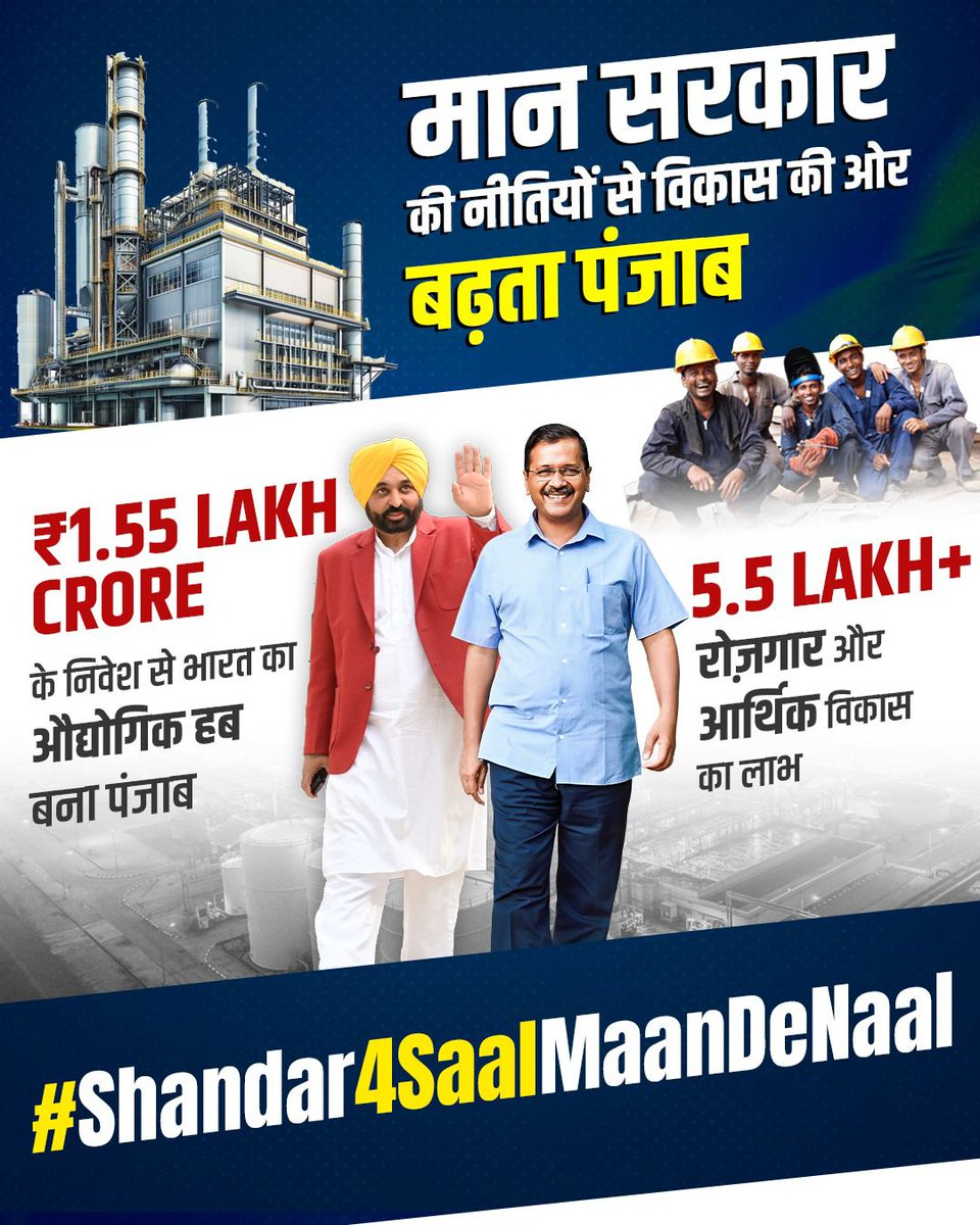AAP govt brought ₹1.58 lakh crore investments!  
    Industrial Policy 2026 making Punjab top destination.  
    Lakhs of jobs on the way.  
    #Shandar4SaalMaanDeNaal