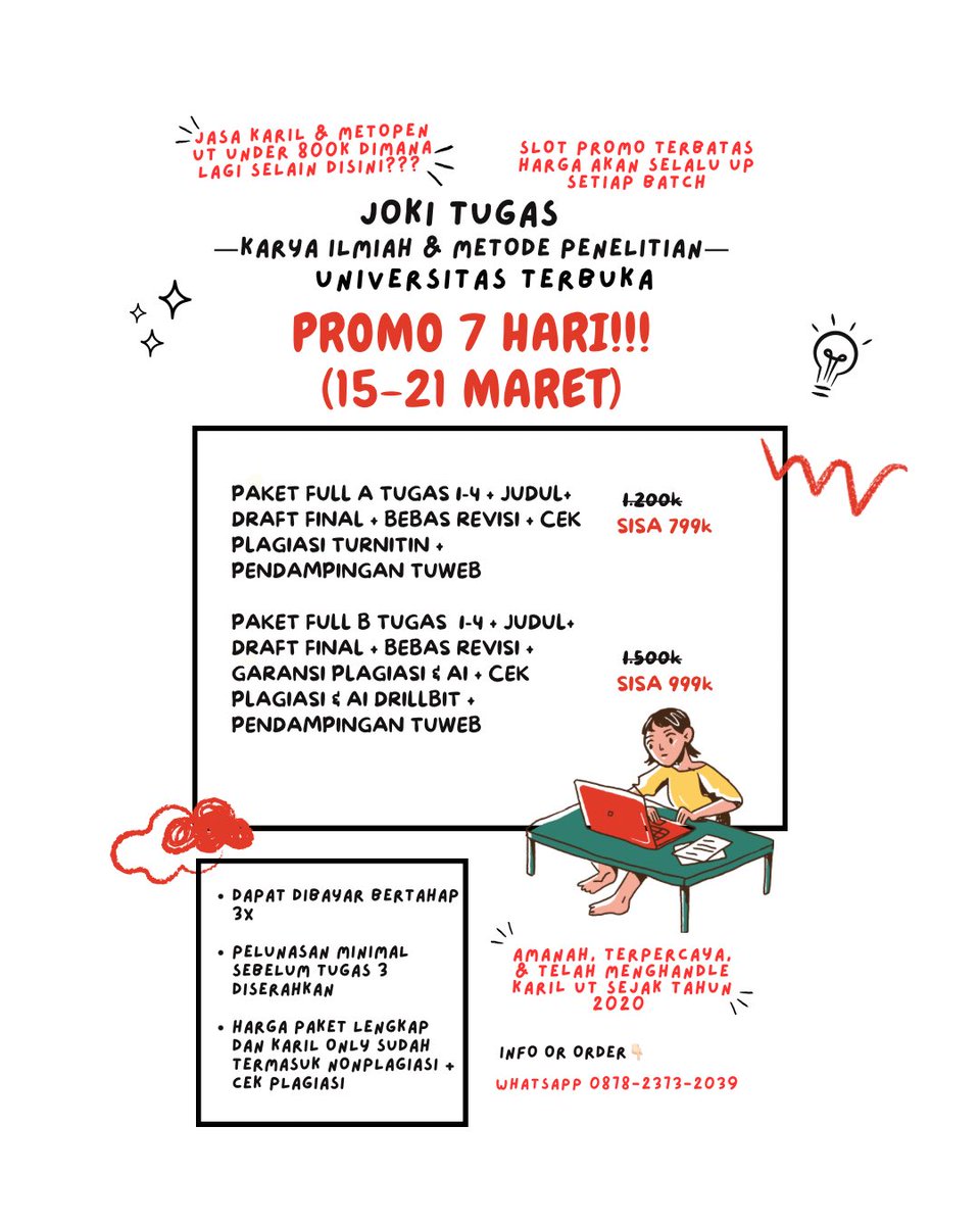 jokitugasdulu's tweet photo. ‼️PROMO KARIL/ARIL/METOPEN UT‼️

✍️ SATUAN TUGAS KARIL 
✍️ KARIL ONLY
✍️ PAKET TUGAS 1-4 + REVISI + NONPLAGIASI start 799k

📚 Menerima semua jurusan/prodi
📚 Dibimbing sampai akhir perkuliahan
📚 Bisa dicicil/bayar bertahap

infor/order 👉 https://t.co/tfhH5tJeT5
#zonauang️ https://t.co/wjuNWWQwJy