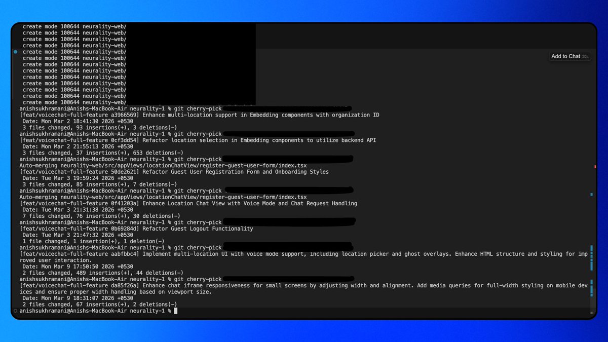 AnishSukhramani's tweet photo. Just finished the longest cherry-pick session of my life

47 commits. 8 branches. 1 feature. Countless merge conflicts.

Here's what I learned 🧵
@github @cursor_ai #remotedev #remotejob https://t.co/Zj9ax3uPR2