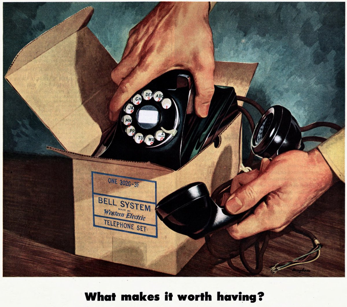 LRonLacy's tweet photo. #THISWEEK in 1949
👇🧵
‘What makes it worth having’
Illustration by James R. Bingham (1917-1971)
#illustration #illustrationart #illustrationartists #JamesBingham #telephones #WesternElectric #BellSystem https://t.co/8r2RW0xgNh