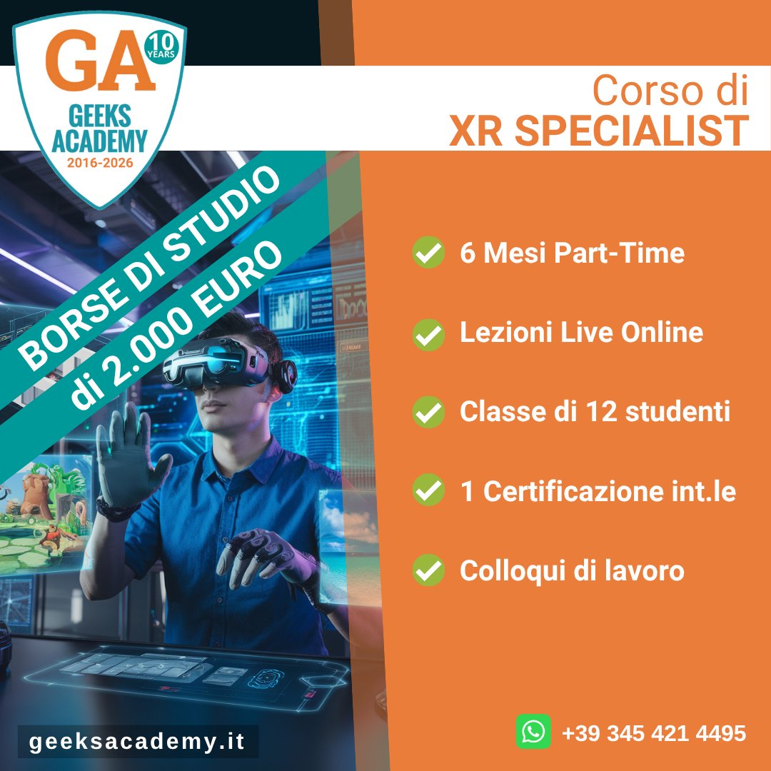 GeeksAcademyEu's tweet photo. Il corso di 𝗫𝗥 𝗦𝗽𝗲𝗰𝗶𝗮𝗹𝗶𝘀𝘁 prepara esperti in #RealtaAumentata (AR), #RealtaVirtuale (VR) e #MixedReality (MR), unendo teoria e pratica.
Partenza: 24 Marzo 2025 | Classi di massimo 12 studenti.
#realtaimmersiva #xr https://t.co/lFrXDD7ZEQ