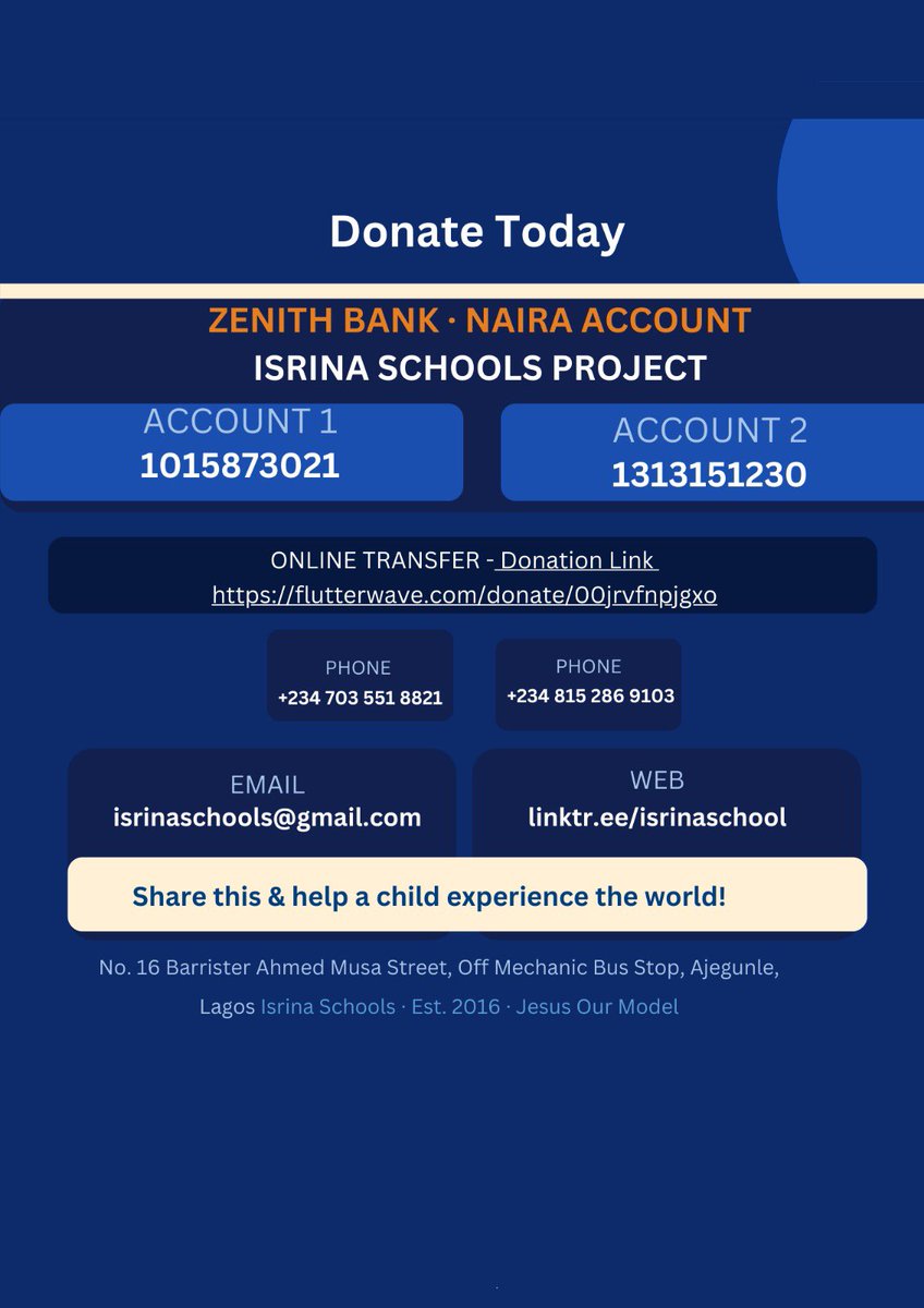 IsrinaSchools's tweet photo. 💙 Support here:
Zenith Bank – Isrina Schools Project
1015873021 | 1313151230

Donate online: 
https://t.co/Ef7scODm9j

Every contribution brings a child closer to this experience. Please support or share. https://t.co/mrSTo6Hj7K