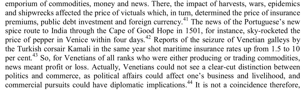 In our times, a distant event may affect our country's economy within days. But in some cases, the same could happen even in the early modern period. In 1501, "news of the Portuguese's new spice route to India [...] sky-rocketed the price of pepper in Venice within four days."