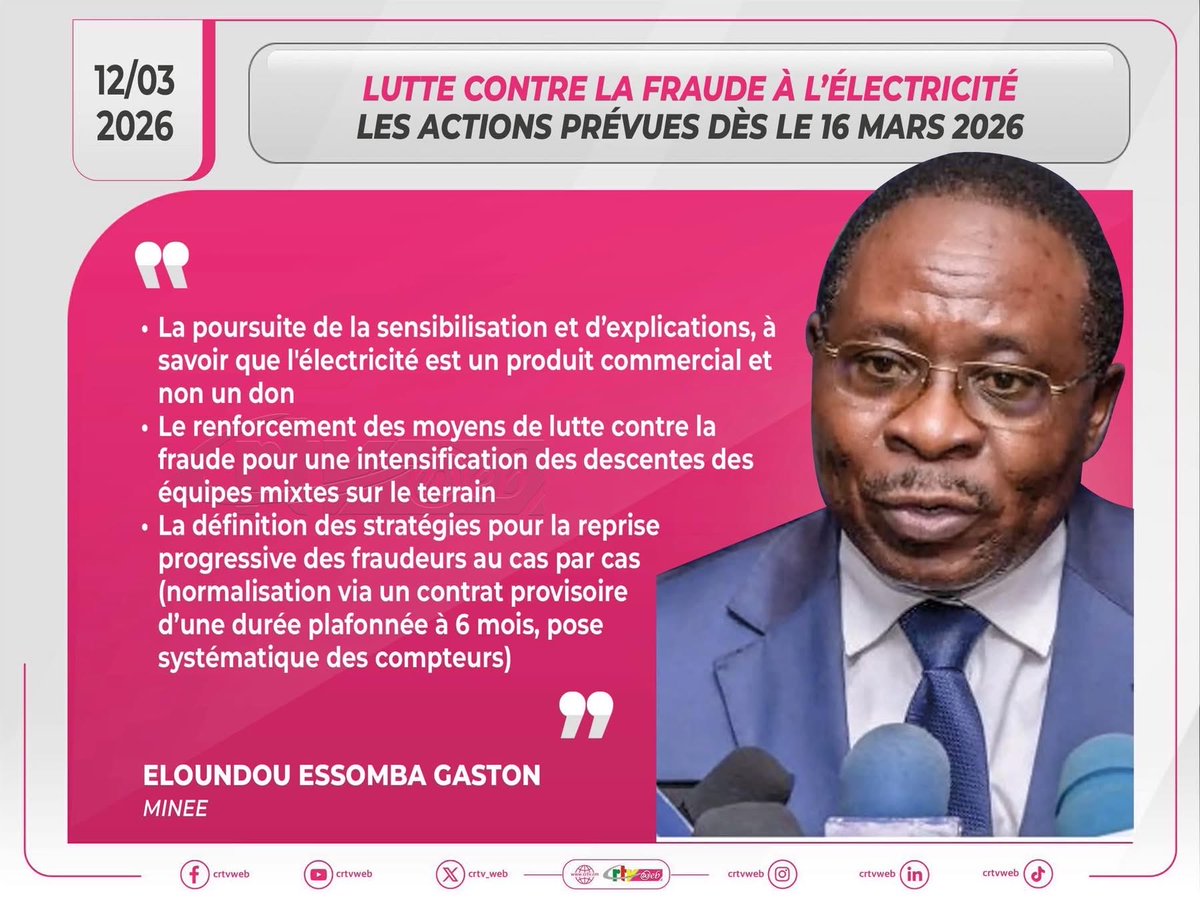 CRTV_web's tweet photo. Début ce lundi 16 mars, de la campagne de lutte contre la fraude à l’électricité. Voici ce qui est prévu.
#Minee
#Cameroun https://t.co/bTLG4Brfw5