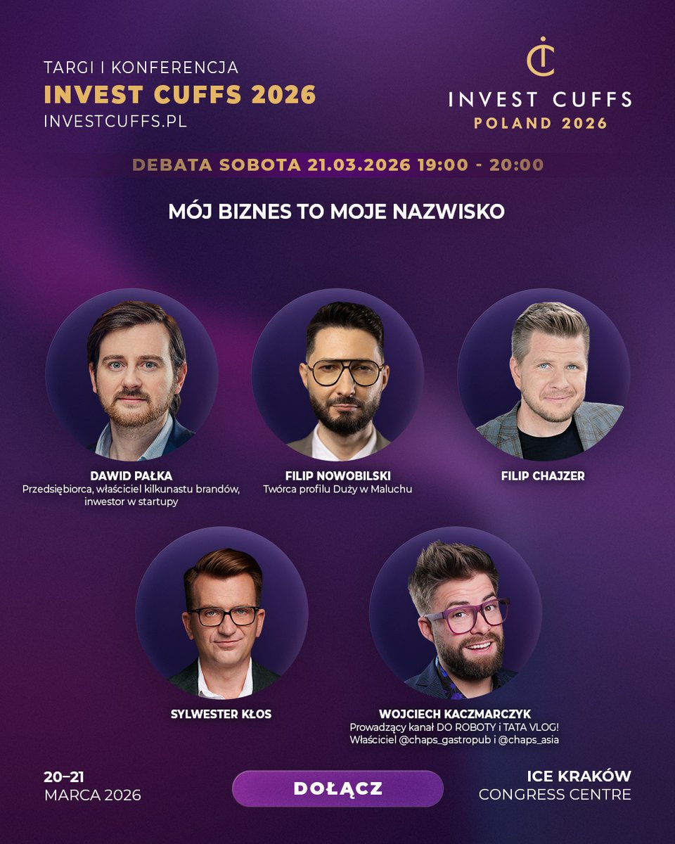 Kiedy Twój biznes nosi Twoje nazwisko, każdy kryzys jest osobisty. Każdy sukces też. Nie da się tego rozdzielić — i nie każdy to wytrzymuje.

Na Invest Cuffs 2026 pięciu przedsiębiorców, którzy postawili na własną markę, podzieli się tym, czego z zewnątrz nie widać. 
Od decyzji,