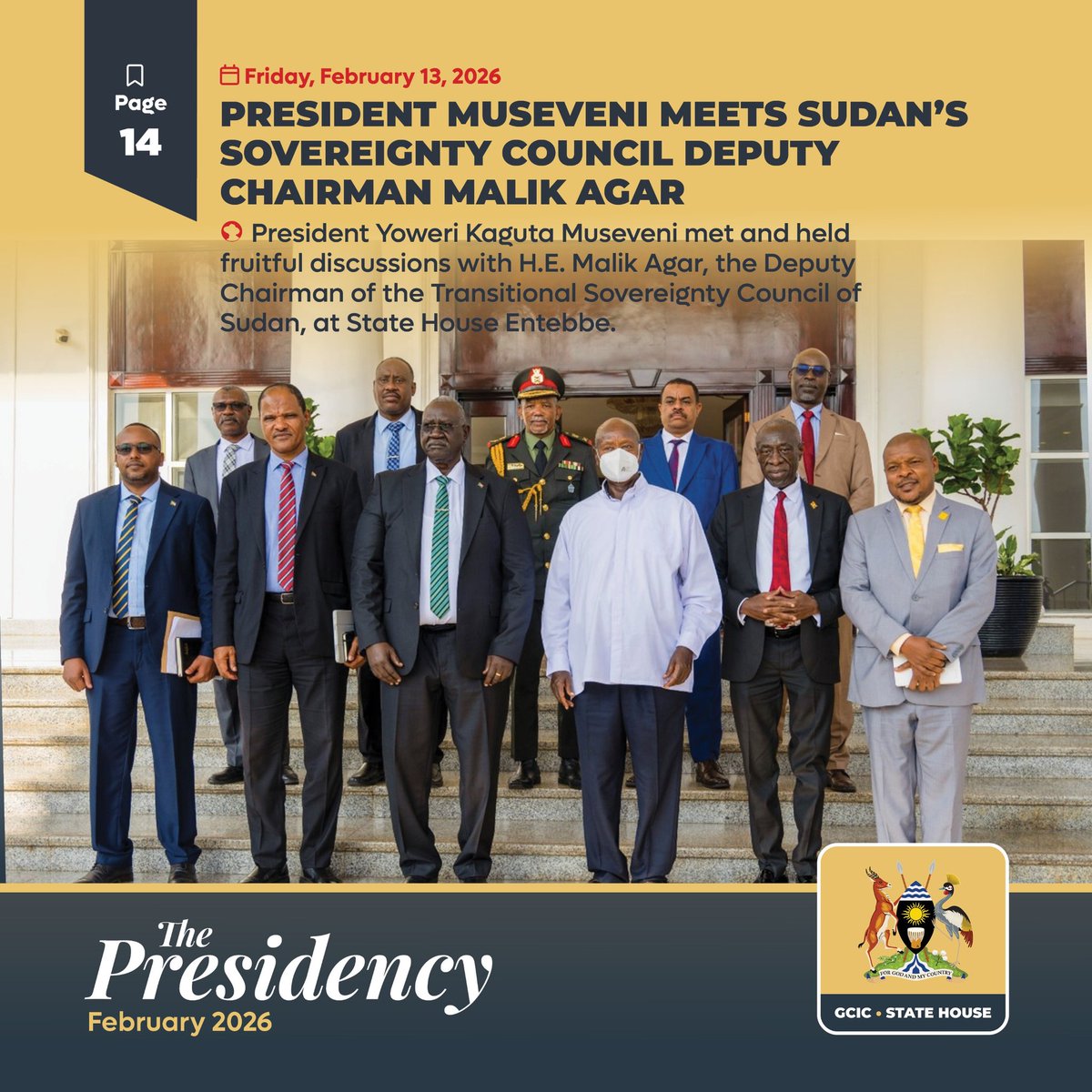 President Museveni hosted H.E. Malik Agar, the Deputy Chairman of the Transitional Sovereignty Council of Sudan.
The two leaders held "fruitful discussions" focused on the ongoing situation in Sudan, regional peace, and bilateral relations between the two countries.
This meeting