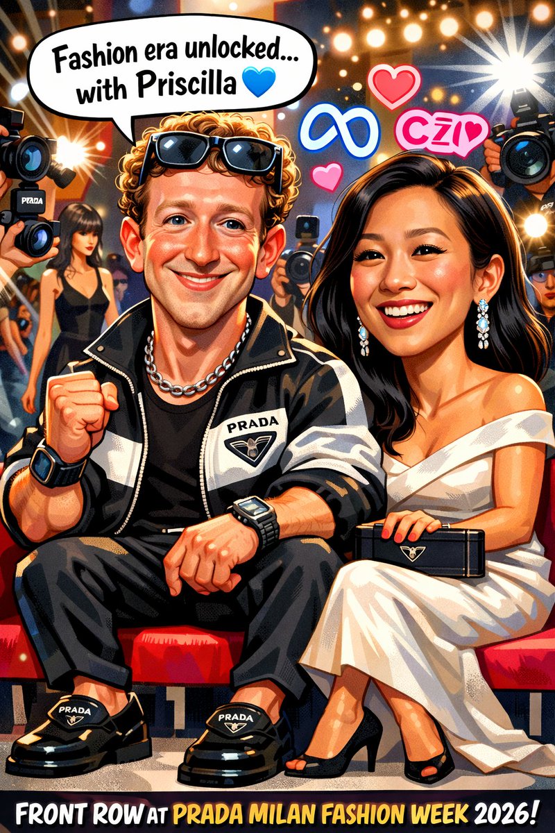qrart2030's tweet photo. Mark Zuckerberg & #PriscillaChan just took over Prada #MilanFashionWeek2026 front row like it’s their personal runway 🔥👠
From hoodies to high fashion… the glow-up is real!
#MarkZuckerberg #PradaFashionWeek #ZuckerbergFashion #TechCouple #AICaricature #MetaPrada @finkd https://t.co/vtktW514Ho