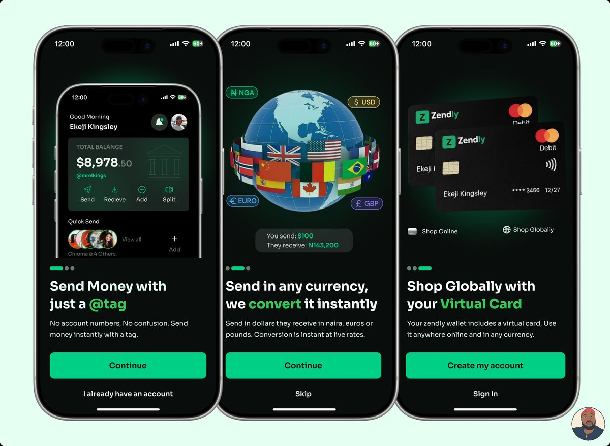 RealMrElKings's tweet photo. Welcome to Zendly!

Let me tell you the concept of zendly and the problem it's meant to solve.

Now...

Someone in Lagos wants to send $200 to their sister in London. They need a bank account number, a sort code, a SWIFT code, sometimes a routing number — then wait 1–3 business days and pay fees on both ends.

For $200.

That's the problem. Here's how I want to solve that with zendly.

Zendly is a cross-currency money transfer app built around one idea: if you can tag someone on Instagram, you should be able to send them money the same way.

Their @tag is their identity. You send any currency, and they get it in their own currency.

Done.

No hidden charges, no account number that looks like encrypted passwords that you have to check over and over again to confirm. 

Just @tag the person. And you are done.

The name sits between "send" & "friendly." Sora for the brand — geometric and confident. DM Sans for the UI — clean and invisible. 

Zendly Green (#00D085) because money should feel like opportunity, not bureaucracy.

The splash screen is the first thing a user ever sees. 

Two seconds to make a feeling — not explain a product. Green on dark. 
Logo centred. That's it.

This is week one of a 4-week build diary. 
App → Website → Dashboard. 

Please follow along.

#uidesign #productdesign #fintechdesign #figma #brandidentity #appdesign #africandesigners #mobiledesign